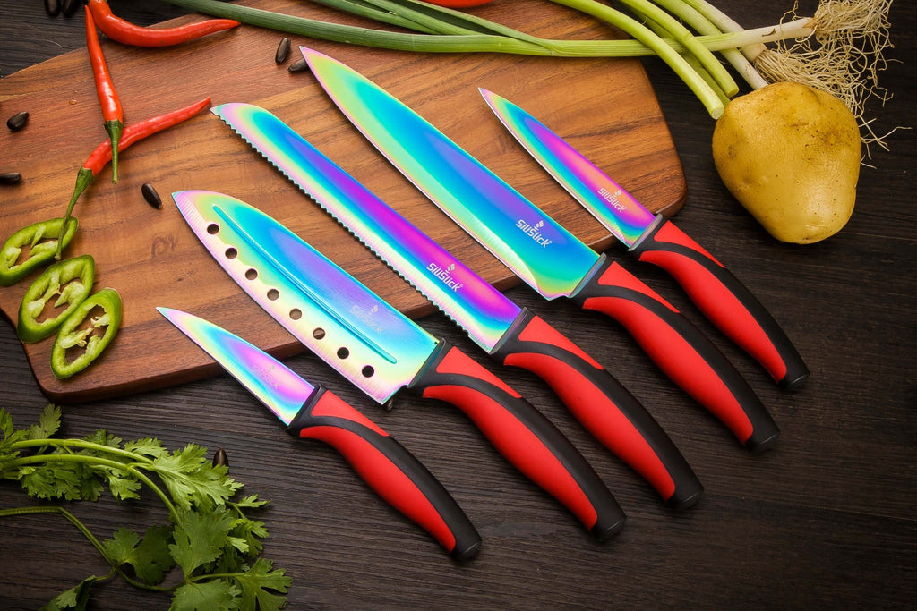 Kitchen Knife Set Kit | Red Handle & Black Magnetic Rack - All - N - 1