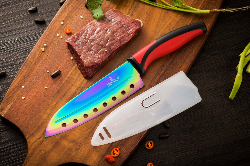 Kitchen Knife Set Kit | Red Handle & Black Magnetic Rack - All - N - 1