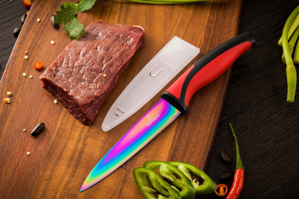Kitchen Knife Set Kit | Red Handle & Black Magnetic Rack - All - N - 1