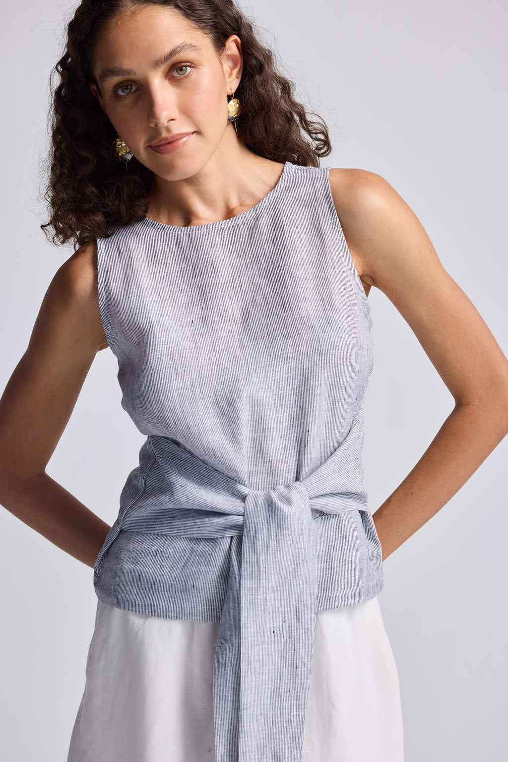 Front - tie Top in Linen Stripes - All - N - 1