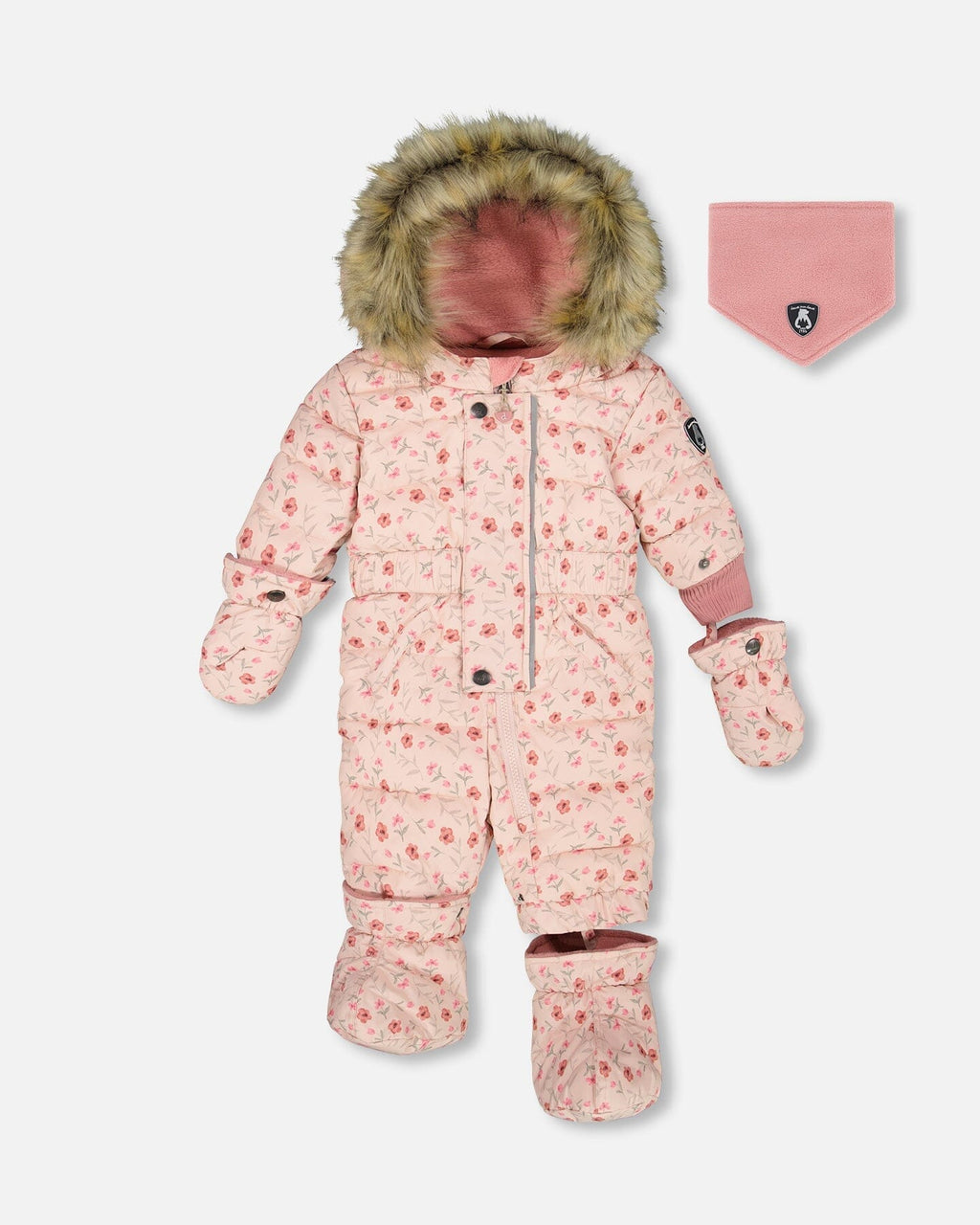 Baby Puffy Snowsuit in pink floral design with fur hood, mittens and matching neck warmer for winter warmth.