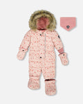 Baby Puffy Snowsuit in pink floral design with fur hood, mittens and matching neck warmer for winter warmth.