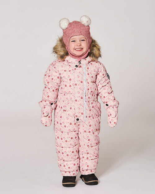 Baby Puffy Snowsuit in soft pink with mini floral prints, perfect for keeping babies warm during winter.