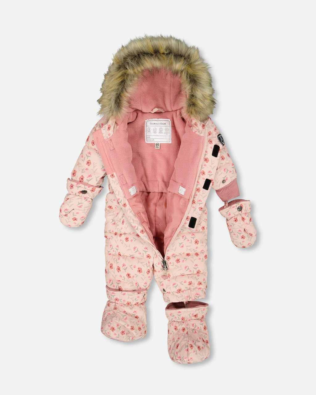 Baby Puffy Snowsuit in soft pink fabric with floral prints, featuring a cozy hood and mittens for winter comfort.