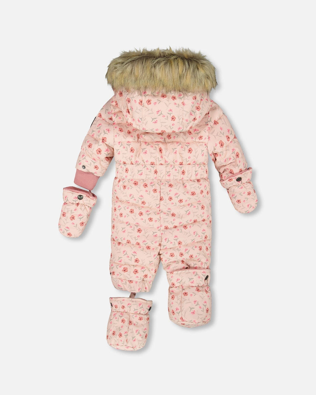 Baby Puffy Snowsuit pink floral one-piece with faux fur hood and mittens, perfect for chilly weather.