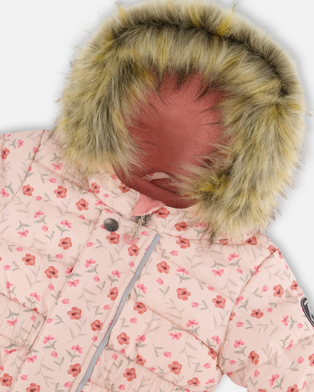 Baby Puffy Snowsuit in pink floral pattern, featuring a fur-trimmed hood for warmth and comfort.