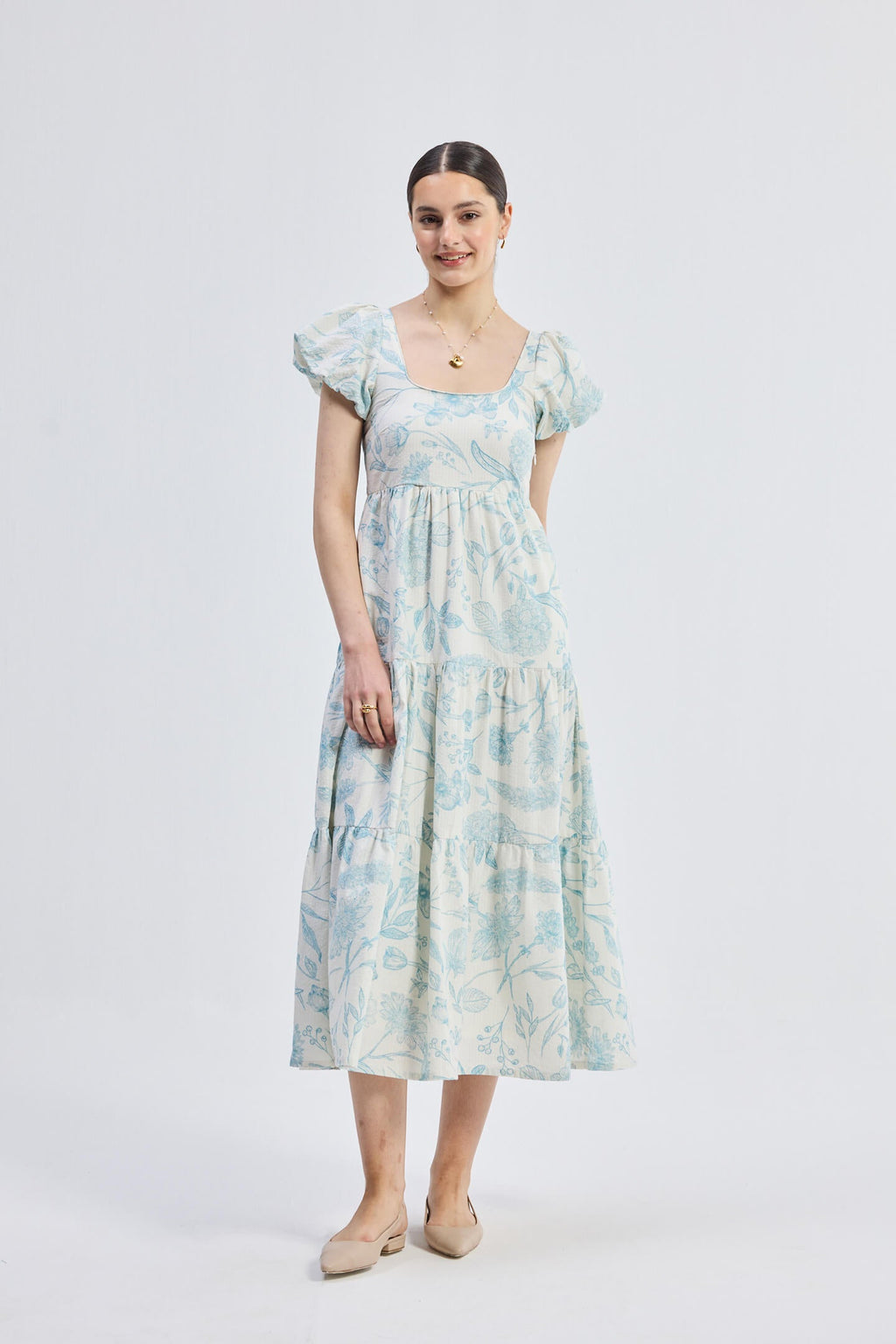 Puff Sleeve Tiered Maxi Dress in Blue Florals - All - N - 1