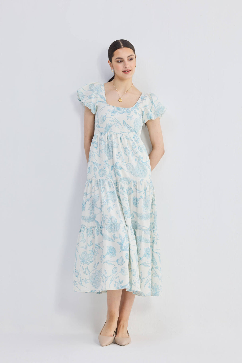 Puff Sleeve Tiered Maxi Dress in Blue Florals - All - N - 1