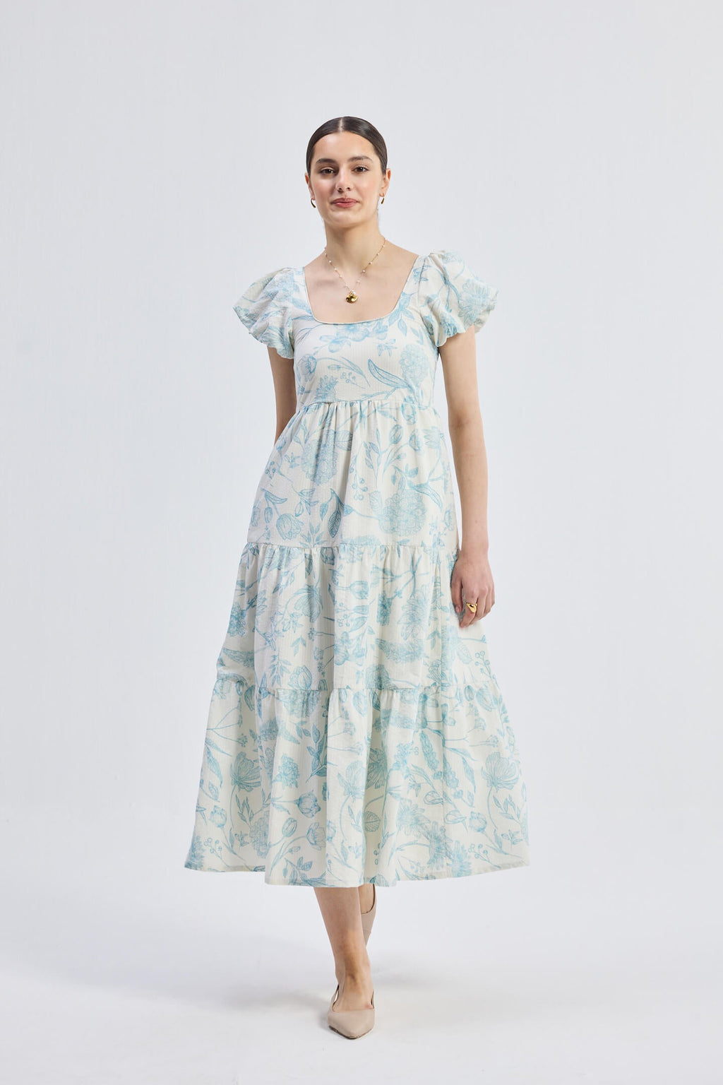 Puff Sleeve Tiered Maxi Dress in Blue Florals - All - N - 1