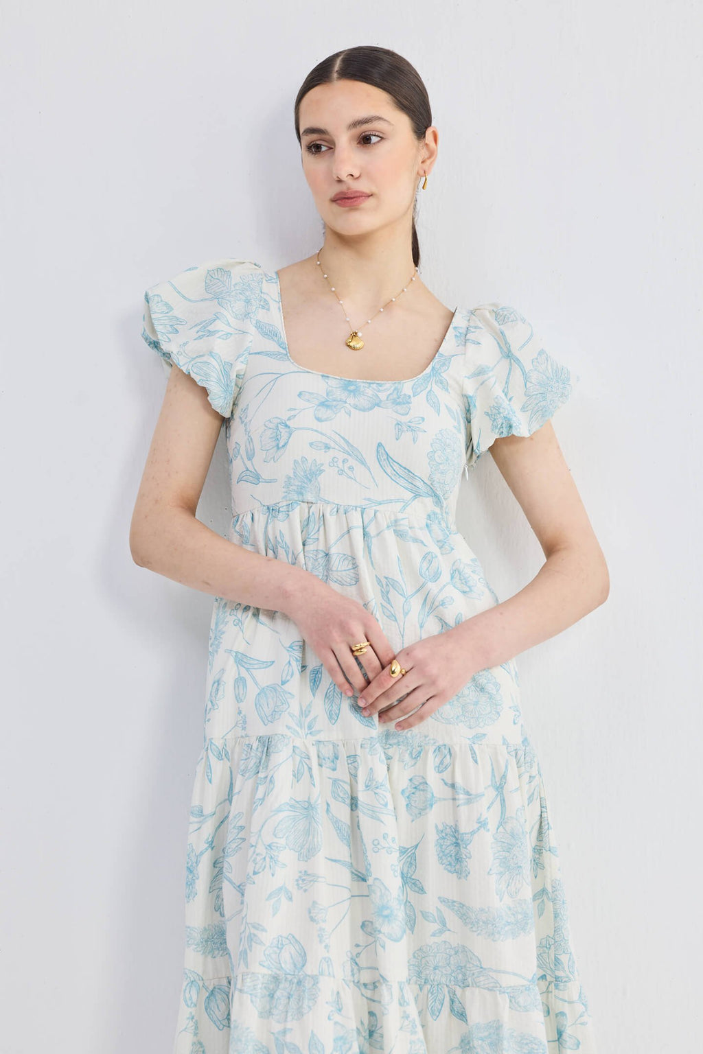 Puff Sleeve Tiered Maxi Dress in Blue Florals - All - N - 1