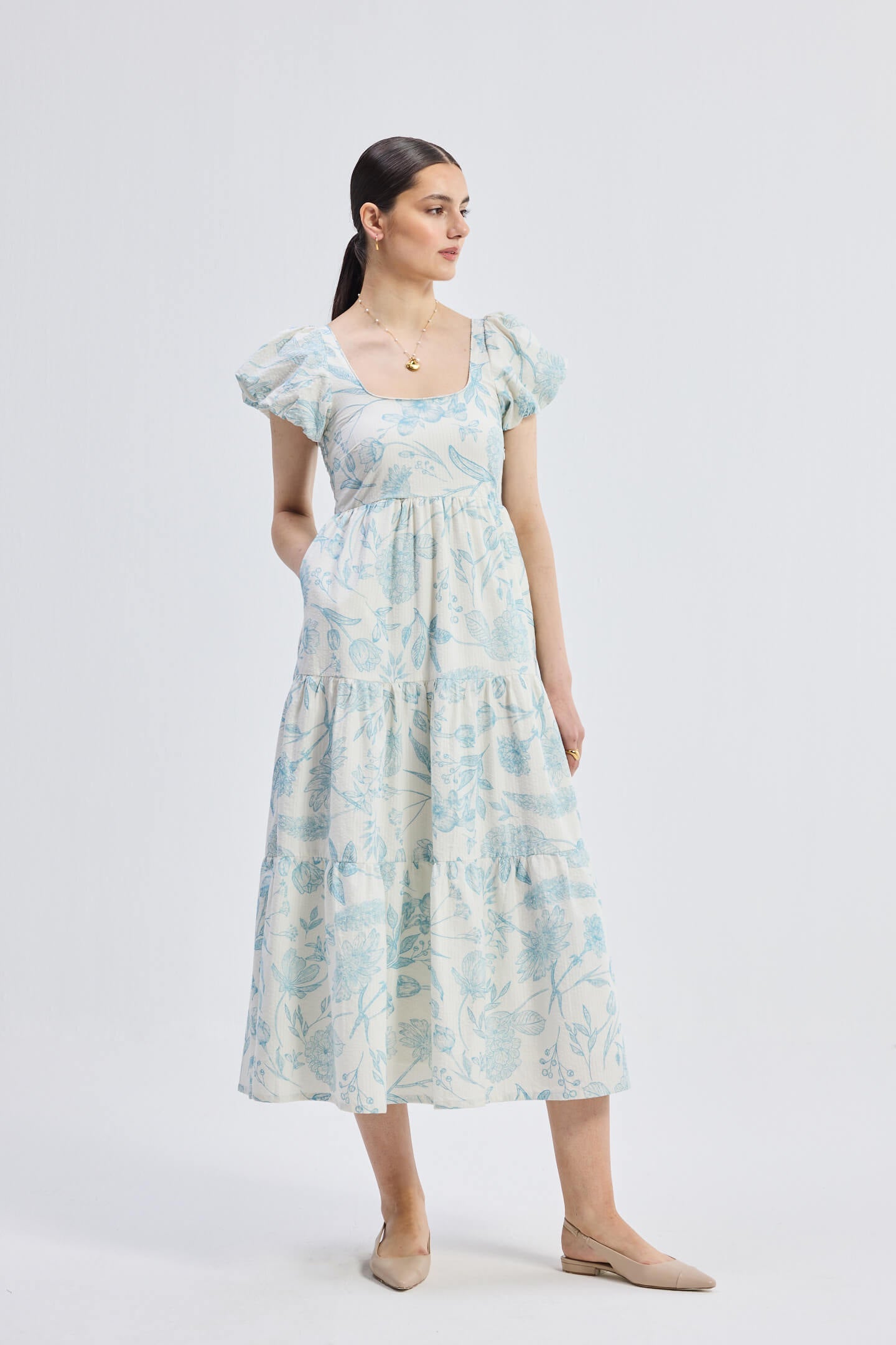 Puff Sleeve Tiered Maxi Dress in Blue Florals - All - N - 1