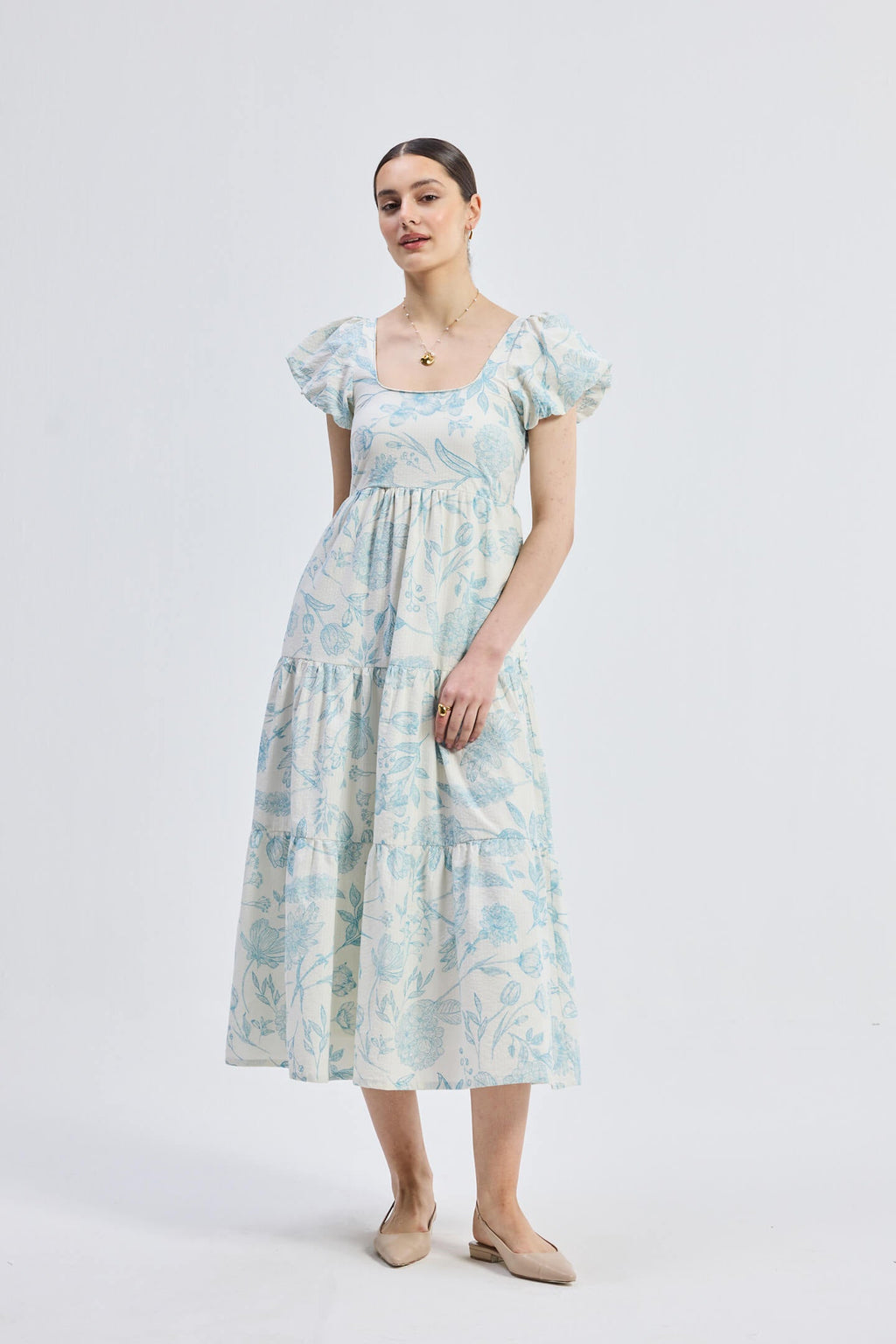 Puff Sleeve Tiered Maxi Dress in Blue Florals - All - N - 1