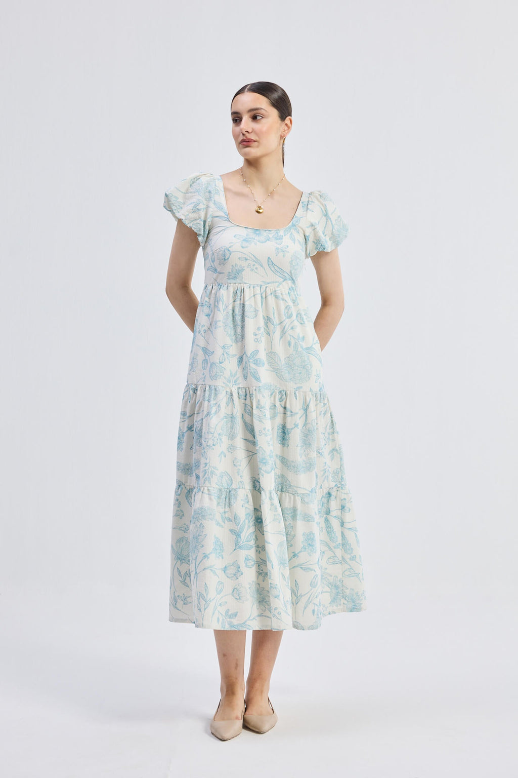 Puff Sleeve Tiered Maxi Dress in Blue Florals - All - N - 1