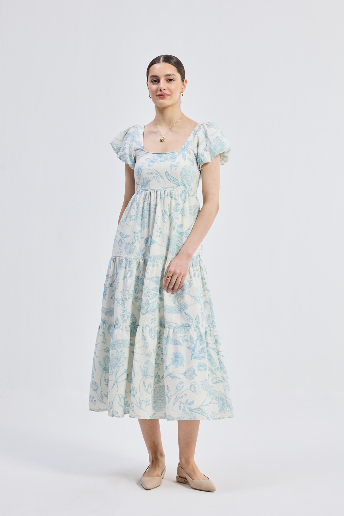 Puff Sleeve Tiered Maxi Dress in Blue Florals - All - N - 1
