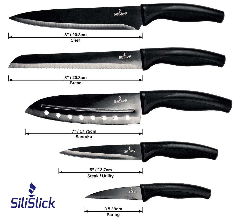 Magnetic Knife Holder Strip displaying five knives with sizes, designed to keep kitchen tools organized and accessible.