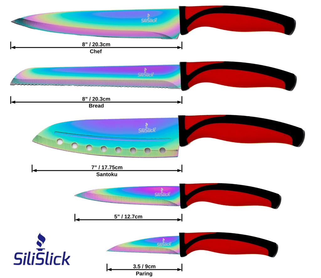 Kitchen Knife Set Kit | Red Handle & Black Magnetic Rack - All - N - 1