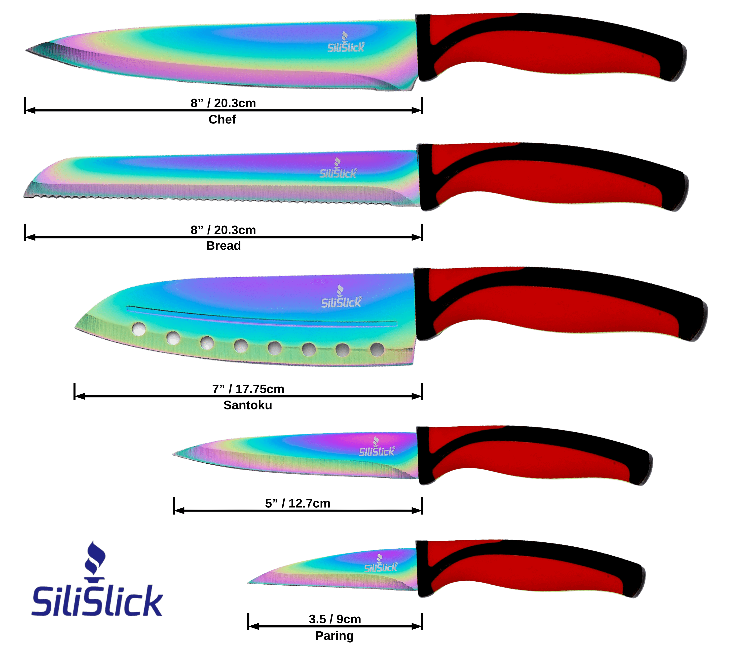 Kitchen Knife Set Kit | Red Handle & Black Magnetic Rack - All - N - 1