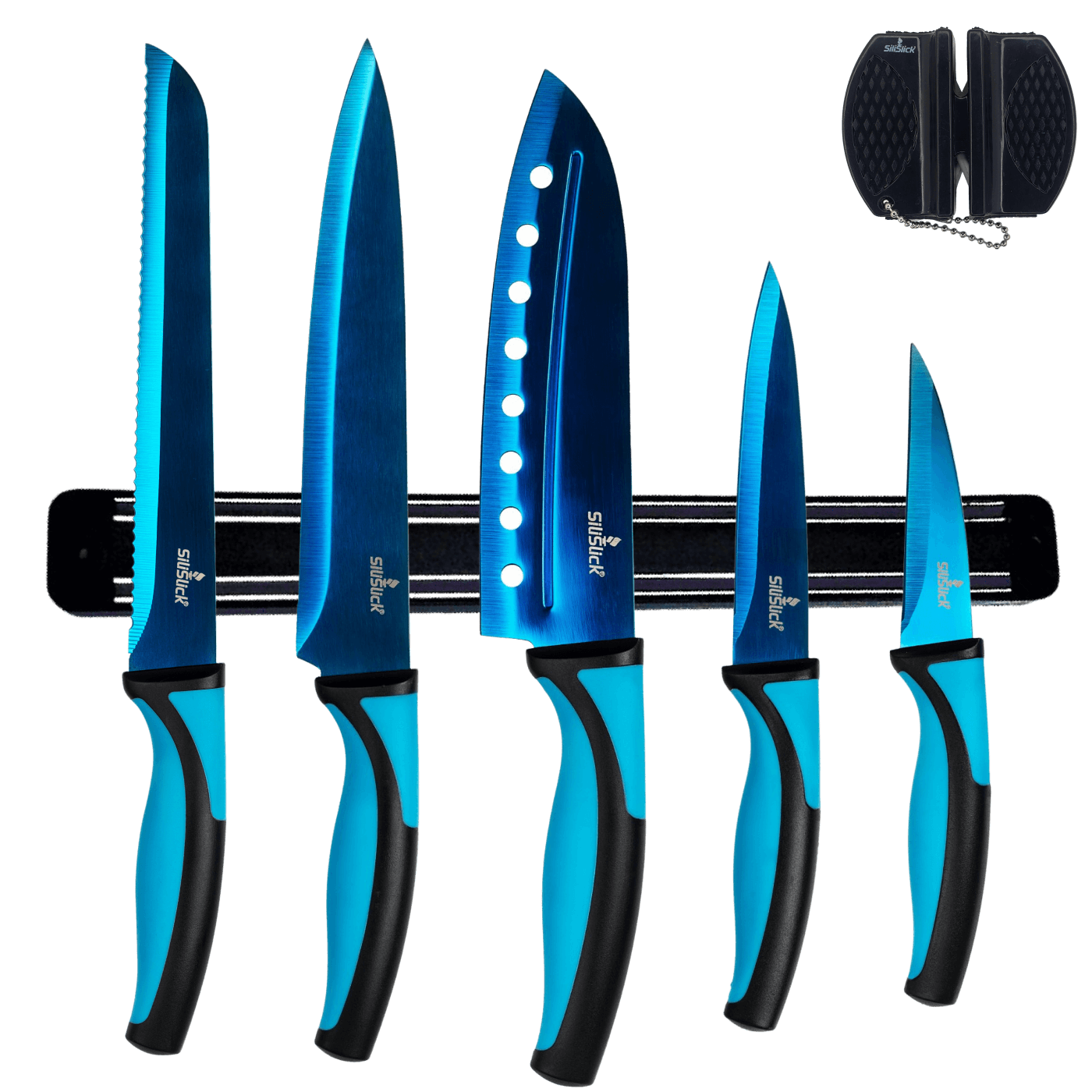 Kitchen Knife Set Kit & Black Magnetic Rack & sharpener - All - N - 1