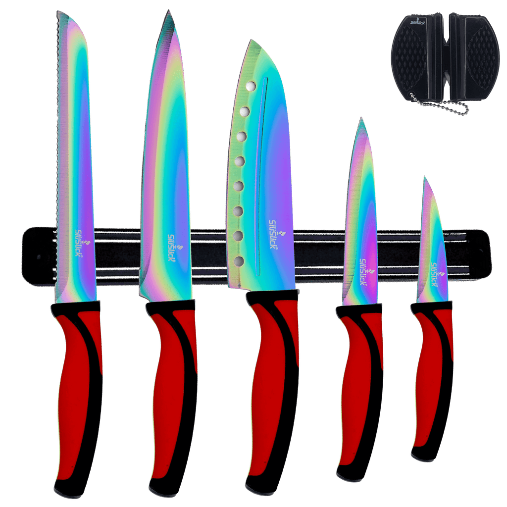 Kitchen Knife Set Kit | Red Handle & Black Magnetic Rack - All - N - 1